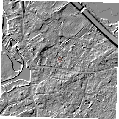 Shaded relief map of the ground around PE292AS, computed from Environment Agency LiDAR. The ground here sits at about 9 m above sea level and falls 7 m across the surrounding 800 m. Surface water reaching this point runs off ground lying to the south-south-west, 2.8 m higher.