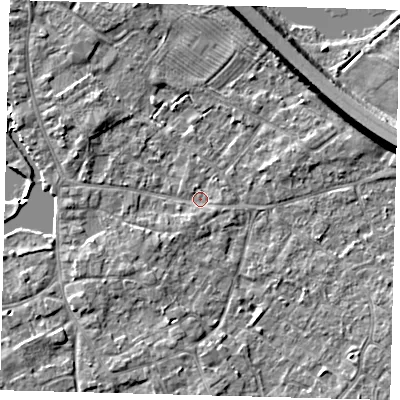 Shaded relief map of the ground around PE292AT, computed from Environment Agency LiDAR. The ground here sits at about 9 m above sea level and falls 8 m across the surrounding 800 m. Surface water reaching this point runs off ground lying to the south-south-west, 1.4 m higher.