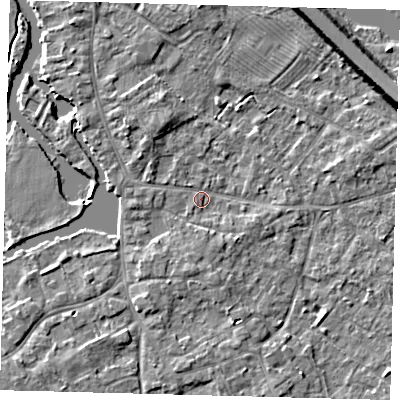 Shaded relief map of the ground around PE292AY, computed from Environment Agency LiDAR. The ground here sits at about 10 m above sea level and falls 7 m across the surrounding 800 m. Surface water reaching this point runs off ground lying to the south, 2.3 m higher.