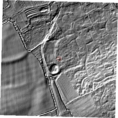 Shaded relief map of the ground around PE292AZ, computed from Environment Agency LiDAR. The ground here sits at about 13 m above sea level and falls 15 m across the surrounding 800 m. Surface water reaching this point runs off ground lying to the south, 1.2 m higher.