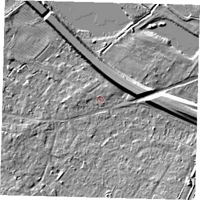 Shaded relief map of the ground around PE292BD, computed from Environment Agency LiDAR. The ground here sits at about 10 m above sea level and falls 9 m across the surrounding 800 m. Surface water reaching this point runs off ground lying to the south, 0.7 m higher.