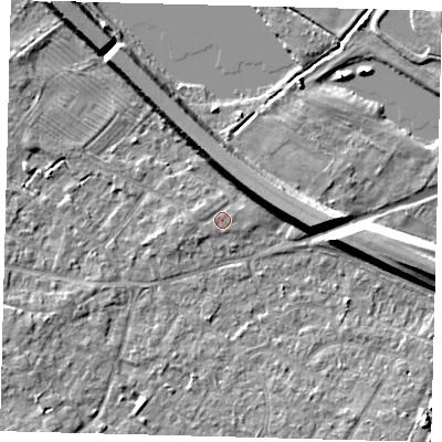 Shaded relief map of the ground around PE292BH, computed from Environment Agency LiDAR. The ground here sits at about 10 m above sea level and falls 9 m across the surrounding 800 m. The ground contributing surface water to this point lies to the east.