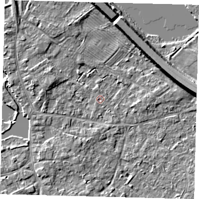 Shaded relief map of the ground around PE292BJ, computed from Environment Agency LiDAR. The ground here sits at about 9 m above sea level and falls 8 m across the surrounding 800 m. Surface water reaching this point runs off ground lying to the south, 0.8 m higher.
