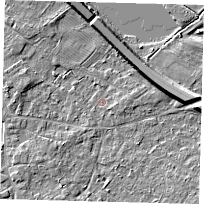 Shaded relief map of the ground around PE292BL, computed from Environment Agency LiDAR. The ground here sits at about 9 m above sea level and falls 8 m across the surrounding 800 m. Surface water reaching this point runs off ground lying to the east-north-east, 7.1 m higher.