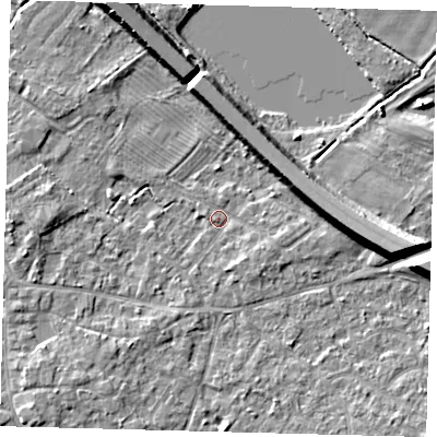 Shaded relief map of the ground around PE292BN, computed from Environment Agency LiDAR. The ground here sits at about 9 m above sea level and falls 8 m across the surrounding 800 m. Surface water reaching this point runs off ground lying to the east, 7.1 m higher.