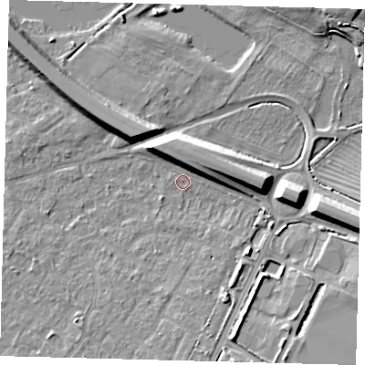 Shaded relief map of the ground around PE292BS, computed from Environment Agency LiDAR. The ground here sits at about 10 m above sea level and falls 11 m across the surrounding 800 m. Surface water reaching this point runs off ground lying to the east-south-east, 9.5 m higher.