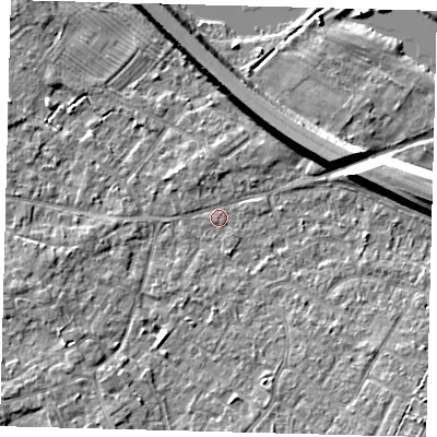 Shaded relief map of the ground around PE292BT, computed from Environment Agency LiDAR. The ground here sits at about 9 m above sea level and falls 9 m across the surrounding 800 m. Surface water reaching this point runs off ground lying to the east-north-east, 7.1 m higher.