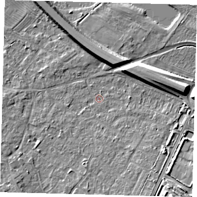 Shaded relief map of the ground around PE292BU, computed from Environment Agency LiDAR. The ground here sits at about 9 m above sea level and falls 10 m across the surrounding 800 m. Surface water reaching this point runs off ground lying to the south-south-east, 4.4 m higher.