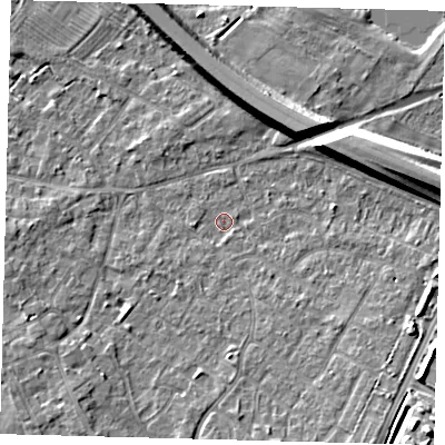 Shaded relief map of the ground around PE292BX, computed from Environment Agency LiDAR. The ground here sits at about 9 m above sea level and falls 10 m across the surrounding 800 m. Surface water reaching this point runs off ground lying to the east-north-east, 7.8 m higher.