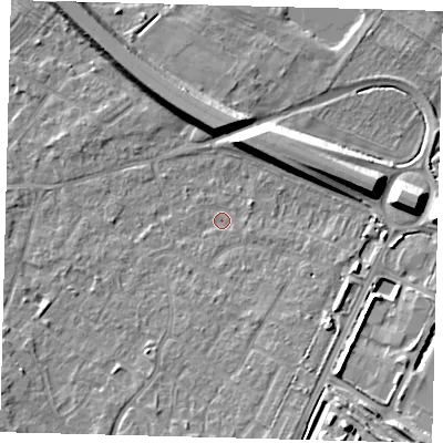 Shaded relief map of the ground around PE292BY, computed from Environment Agency LiDAR. The ground here sits at about 9 m above sea level and falls 11 m across the surrounding 800 m. Surface water reaching this point runs off ground lying to the south-south-east, 3.7 m higher.