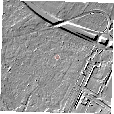 Shaded relief map of the ground around PE292DS, computed from Environment Agency LiDAR. The ground here sits at about 10 m above sea level and falls 13 m across the surrounding 800 m. Surface water reaching this point runs off ground lying to the south-south-east, 2.0 m higher.
