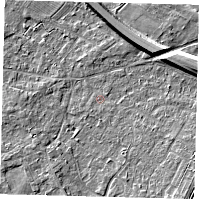 Shaded relief map of the ground around PE292EA, computed from Environment Agency LiDAR. The ground here sits at about 10 m above sea level and falls 8 m across the surrounding 800 m. Surface water reaching this point runs off ground lying to the south, 1.1 m higher.