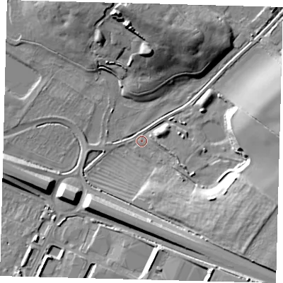 Shaded relief map of the ground around PE292EJ, computed from Environment Agency LiDAR. The ground here sits at about 10 m above sea level and falls 20 m across the surrounding 800 m. Surface water reaching this point runs off ground lying to the east-south-east, 14.8 m higher.