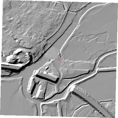 Shaded relief map of the ground around PE292ER, computed from Environment Agency LiDAR. The ground here sits at about 10 m above sea level and falls 13 m across the surrounding 800 m. Surface water reaching this point runs off ground lying to the south-south-east, 3.4 m higher.