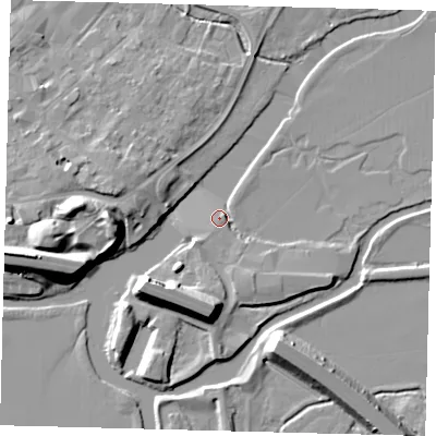 Shaded relief map of the ground around PE292ES, computed from Environment Agency LiDAR. The ground here sits at about 10 m above sea level and falls 13 m across the surrounding 800 m. Surface water reaching this point runs off ground lying to the south-south-east, 3.5 m higher.