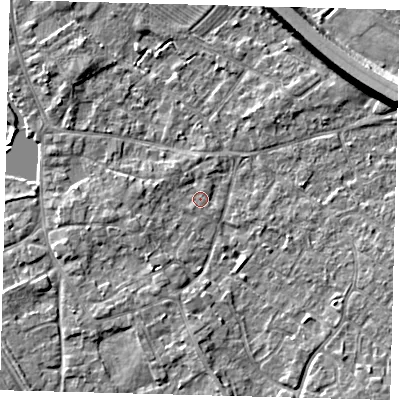 Shaded relief map of the ground around PE292EU, computed from Environment Agency LiDAR. The ground here sits at about 10 m above sea level and falls 8 m across the surrounding 800 m. Surface water reaching this point runs off ground lying to the west-south-west, 2.2 m higher.