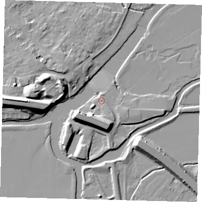 Shaded relief map of the ground around PE292FD, computed from Environment Agency LiDAR. The ground here sits at about 10 m above sea level and falls 13 m across the surrounding 800 m. Surface water reaching this point runs off ground lying to the south-east, 1.4 m higher.