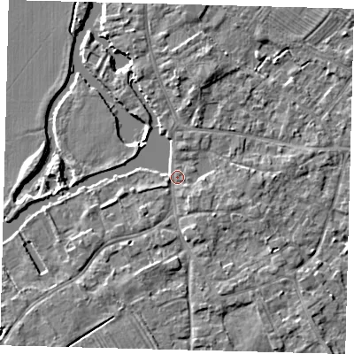 Shaded relief map of the ground around PE292HA, computed from Environment Agency LiDAR. The ground here sits at about 10 m above sea level and falls 4 m across the surrounding 800 m. Surface water reaching this point runs off ground lying to the south-east, 2.6 m higher.