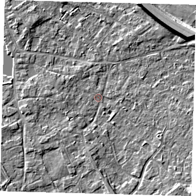 Shaded relief map of the ground around PE292JD, computed from Environment Agency LiDAR. The ground here sits at about 10 m above sea level and falls 8 m across the surrounding 800 m. Surface water reaching this point runs off ground lying to the south-east, 5.3 m higher.