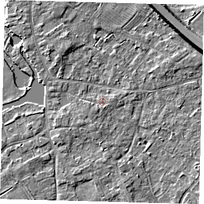 Shaded relief map of the ground around PE292JE, computed from Environment Agency LiDAR. The ground here sits at about 10 m above sea level and falls 8 m across the surrounding 800 m. Surface water reaching this point runs off ground lying to the south-west, 1.8 m higher.