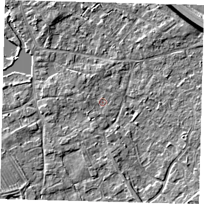 Shaded relief map of the ground around PE292JL, computed from Environment Agency LiDAR. The ground here sits at about 10 m above sea level and falls 8 m across the surrounding 800 m. Surface water reaching this point runs off ground lying to the west, 1.6 m higher.