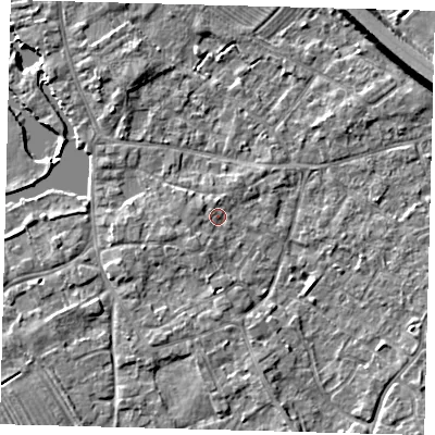 Shaded relief map of the ground around PE292JQ, computed from Environment Agency LiDAR. The ground here sits at about 10 m above sea level and falls 7 m across the surrounding 800 m. Surface water reaching this point runs off ground lying to the south-west, 1.6 m higher.