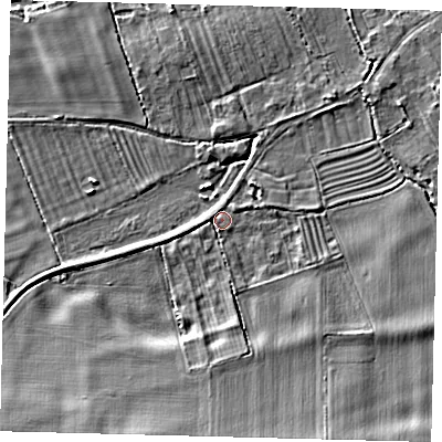 Shaded relief map of the ground around PE292LB, computed from Environment Agency LiDAR. The ground here sits at about 10 m above sea level and falls 8 m across the surrounding 800 m. Surface water reaching this point runs off ground lying to the south-west, 7.5 m higher.