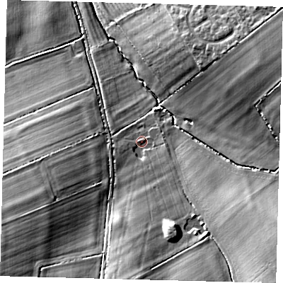 Shaded relief map of the ground around PE292LF, computed from Environment Agency LiDAR. The ground here sits at about 18 m above sea level and falls 18 m across the surrounding 800 m. Surface water reaching this point runs off ground lying to the south-west, 13.3 m higher.