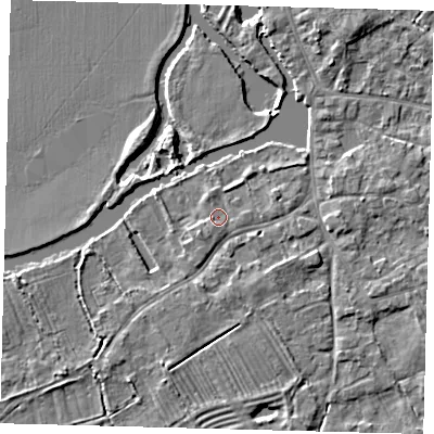 Shaded relief map of the ground around PE292LL, computed from Environment Agency LiDAR. The ground here sits at about 10 m above sea level and falls 4 m across the surrounding 800 m. Surface water reaching this point runs off ground lying to the south-east, 1.5 m higher.