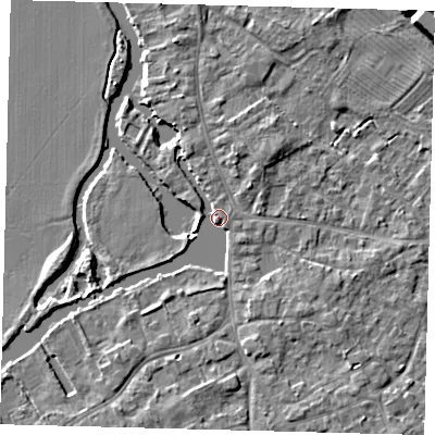 Shaded relief map of the ground around PE292NB, computed from Environment Agency LiDAR. The ground here sits at about 10 m above sea level and falls 5 m across the surrounding 800 m. Surface water reaching this point runs off ground lying to the south-east, 2.6 m higher.