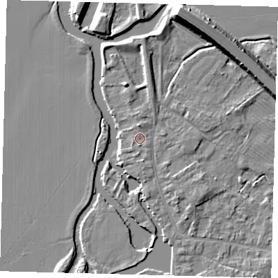 Shaded relief map of the ground around PE292QU, computed from Environment Agency LiDAR. The ground here sits at about 10 m above sea level and falls 9 m across the surrounding 800 m. Surface water reaching this point runs off ground lying to the south, 0.9 m higher.