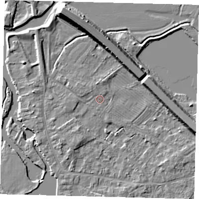 Shaded relief map of the ground around PE292WQ, computed from Environment Agency LiDAR. The ground here sits at about 9 m above sea level and falls 9 m across the surrounding 800 m. Surface water reaching this point runs off ground lying to the south-west, 3.1 m higher.
