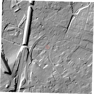 Shaded relief map of the ground around PE293AH, computed from Environment Agency LiDAR. The ground here sits at about 11 m above sea level and falls 22 m across the surrounding 800 m. Surface water reaching this point runs off ground lying to the south-south-west, 10.7 m higher.
