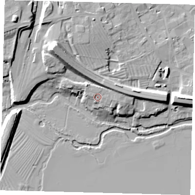 Shaded relief map of the ground around PE293AU, computed from Environment Agency LiDAR. The ground here sits at about 17 m above sea level and falls 20 m across the surrounding 800 m. Surface water reaching this point runs off ground lying to the north, 2.3 m higher.