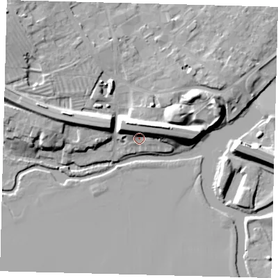 Shaded relief map of the ground around PE293AY, computed from Environment Agency LiDAR. The ground here sits at about 12 m above sea level and falls 14 m across the surrounding 800 m. Surface water reaching this point runs off ground lying to the north-north-east, 9.9 m higher.