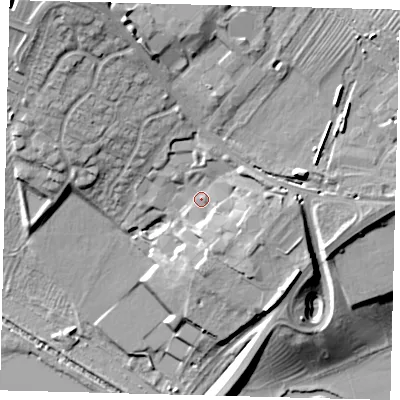 Shaded relief map of the ground around PE293BN, computed from Environment Agency LiDAR. The ground here sits at about 21 m above sea level and falls 25 m across the surrounding 800 m. Surface water reaching this point runs off ground lying to the north-north-west, 13.4 m higher.
