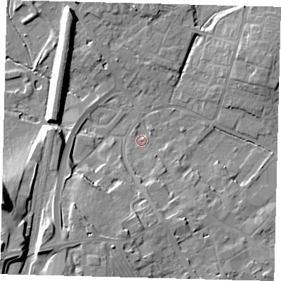 Shaded relief map of the ground around PE293DH, computed from Environment Agency LiDAR. The ground here sits at about 11 m above sea level and falls 22 m across the surrounding 800 m. Surface water reaching this point runs off ground lying to the south, 4.0 m higher.