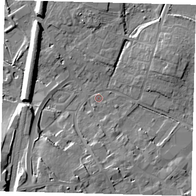 Shaded relief map of the ground around PE293DR, computed from Environment Agency LiDAR. The ground here sits at about 11 m above sea level and falls 15 m across the surrounding 800 m. Surface water reaching this point runs off ground lying to the south-west, 12.8 m higher.