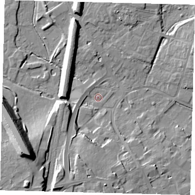 Shaded relief map of the ground around PE293DY, computed from Environment Agency LiDAR. The ground here sits at about 11 m above sea level and falls 22 m across the surrounding 800 m. Surface water reaching this point runs off ground lying to the south-west, 20.1 m higher.