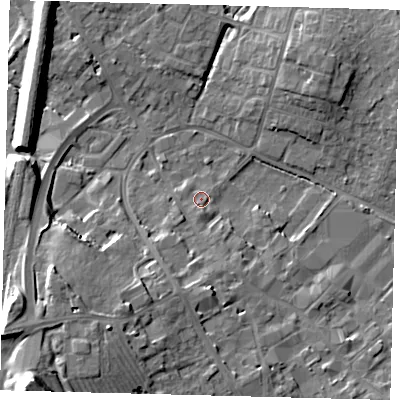 Shaded relief map of the ground around PE293EH, computed from Environment Agency LiDAR. The ground here sits at about 12 m above sea level and falls 20 m across the surrounding 800 m. Surface water reaching this point runs off ground lying to the south-south-west, 4.9 m higher.