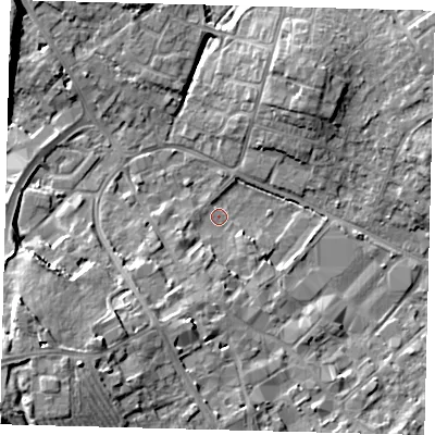 Shaded relief map of the ground around PE293EJ, computed from Environment Agency LiDAR. The ground here sits at about 10 m above sea level and falls 18 m across the surrounding 800 m. Surface water reaching this point runs off ground lying to the south-south-west, 7.5 m higher.