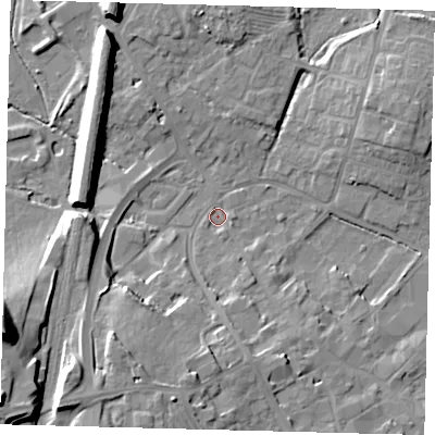 Shaded relief map of the ground around PE293EN, computed from Environment Agency LiDAR. The ground here sits at about 10 m above sea level and falls 22 m across the surrounding 800 m. Surface water reaching this point runs off ground lying to the south, 4.9 m higher.