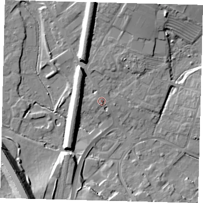 Shaded relief map of the ground around PE293EX, computed from Environment Agency LiDAR. The ground here sits at about 13 m above sea level and falls 21 m across the surrounding 800 m. Surface water reaching this point runs off ground lying to the south-south-east, 1.8 m higher.