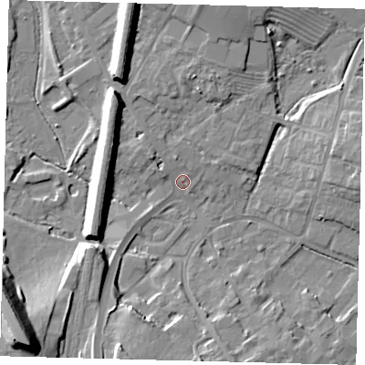 Shaded relief map of the ground around PE293EZ, computed from Environment Agency LiDAR. The ground here sits at about 12 m above sea level and falls 22 m across the surrounding 800 m. Surface water reaching this point runs off ground lying to the north-north-west, 2.4 m higher.