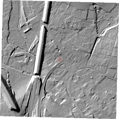Shaded relief map of the ground around PE293FD, computed from Environment Agency LiDAR. The ground here sits at about 11 m above sea level and falls 22 m across the surrounding 800 m. Surface water reaching this point runs off ground lying to the north-north-west, 10.2 m higher.