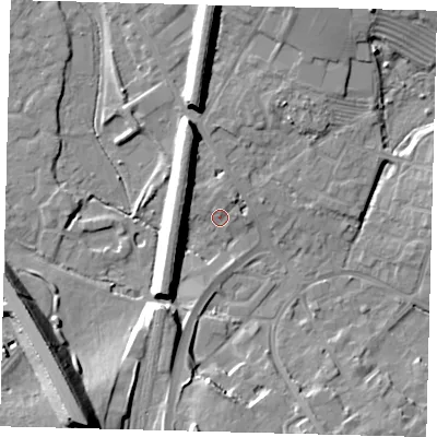 Shaded relief map of the ground around PE293HA, computed from Environment Agency LiDAR. The ground here sits at about 12 m above sea level and falls 22 m across the surrounding 800 m. Surface water reaching this point runs off ground lying to the north-north-west, 10.2 m higher.