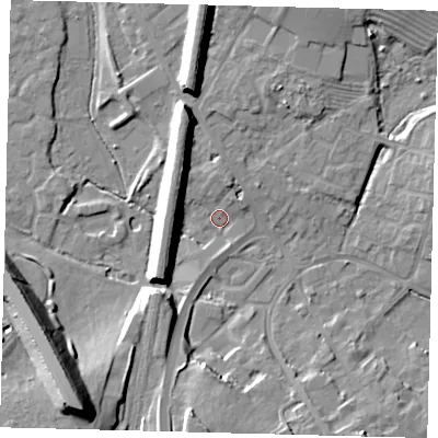 Shaded relief map of the ground around PE293HD, computed from Environment Agency LiDAR. The ground here sits at about 11 m above sea level and falls 22 m across the surrounding 800 m. Surface water reaching this point runs off ground lying to the north-north-west, 10.2 m higher.