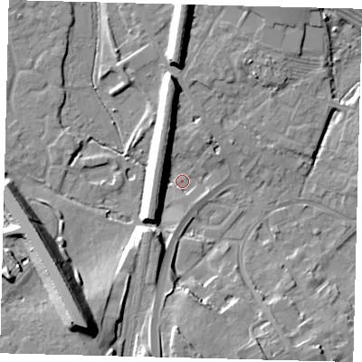Shaded relief map of the ground around PE293HE, computed from Environment Agency LiDAR. The ground here sits at about 11 m above sea level and falls 21 m across the surrounding 800 m. Surface water reaching this point runs off ground lying to the south, 2.5 m higher.