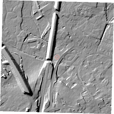 Shaded relief map of the ground around PE293HG, computed from Environment Agency LiDAR. The ground here sits at about 12 m above sea level and falls 21 m across the surrounding 800 m. Surface water reaching this point runs off ground lying to the south-east, 2.4 m higher.