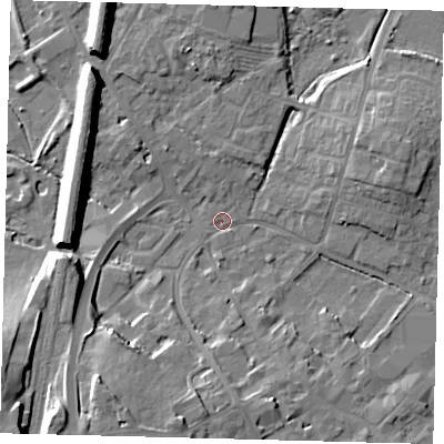 Shaded relief map of the ground around PE293HN, computed from Environment Agency LiDAR. The ground here sits at about 11 m above sea level and falls 14 m across the surrounding 800 m. Surface water reaching this point runs off ground lying to the south-west, 12.8 m higher.